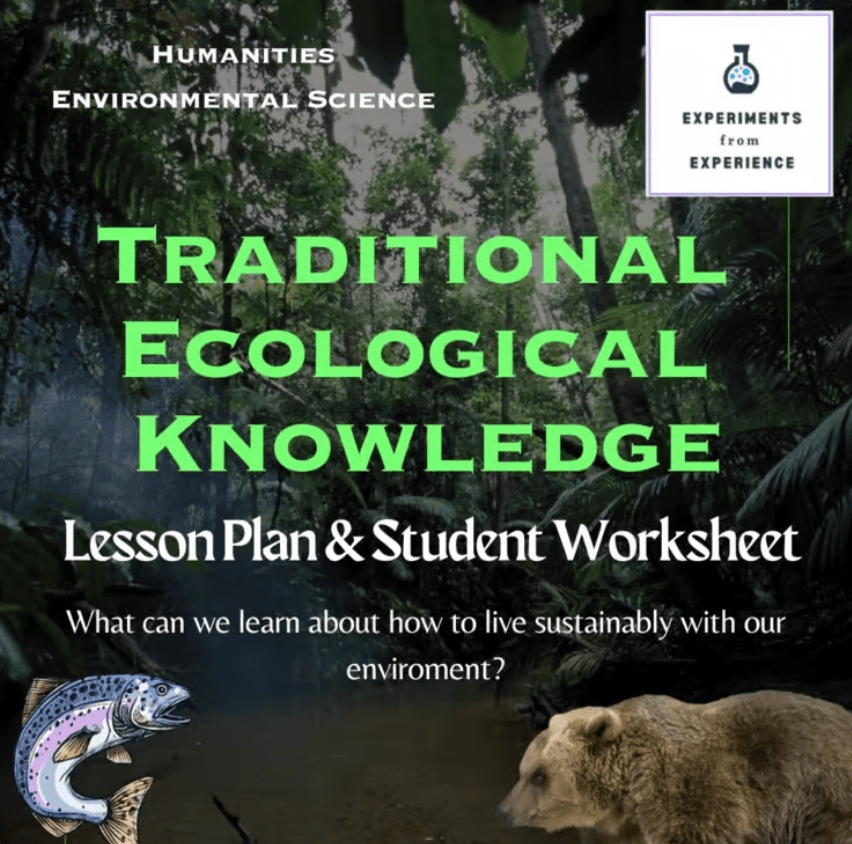 A promotional image for an educational lesson plan on Traditional Ecological Knowledge, featuring the title prominently, alongside illustrations of a fish and a bear, set against a lush, green forest background.